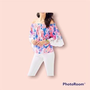 Lilly Pulitzer Zaylee Top Off The Shoulder Bennet Blue Bay Dreamin XXS Crochet